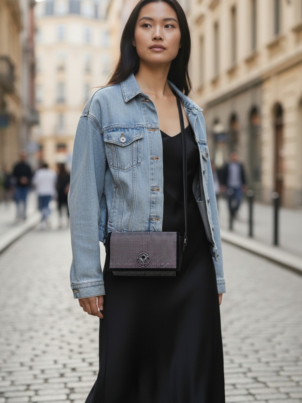 #60 Valentino Orlandi Black Crystal-Embellished Crossbody